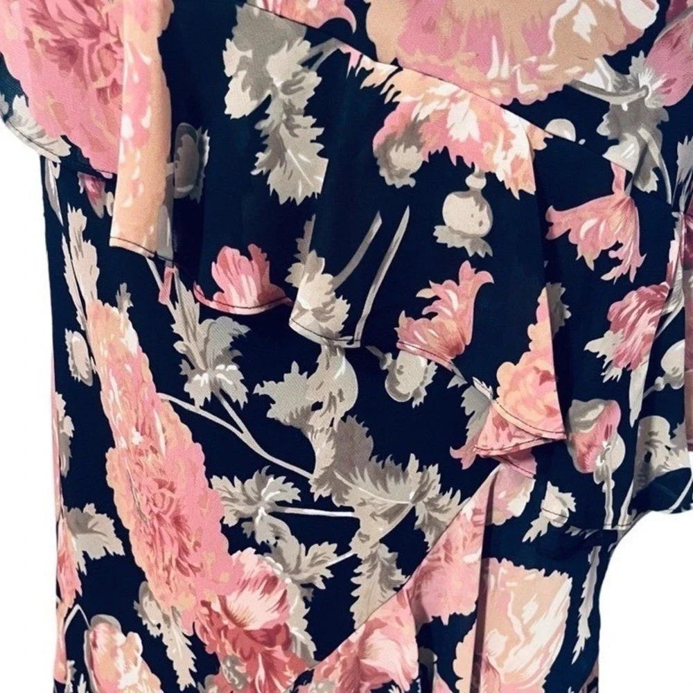 Chaps Pink and Cream Floral Navy Blue Maxi Pencil Skirt Size M Elastic Waist New